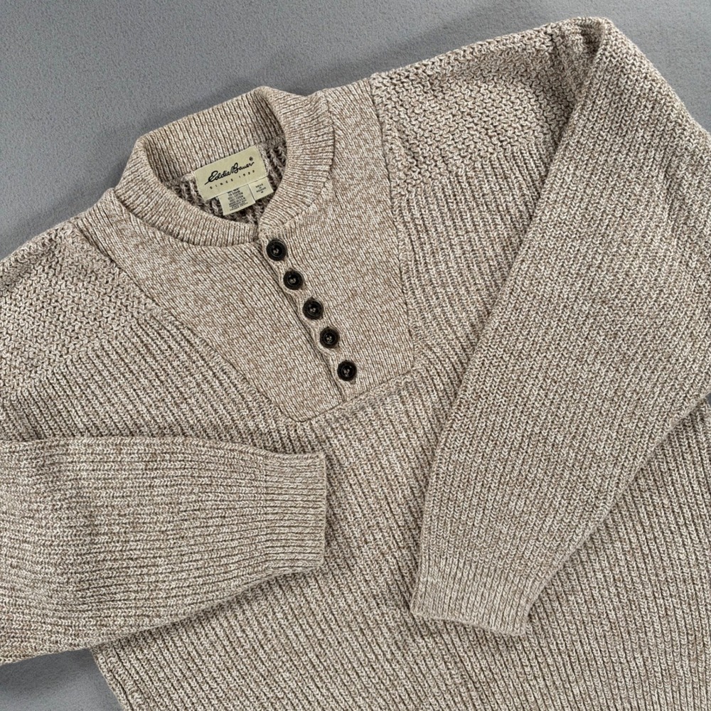 Vintage 90s Eddie Bauer Henley Ribbed Knit Sweater Medium USA Made Cotton